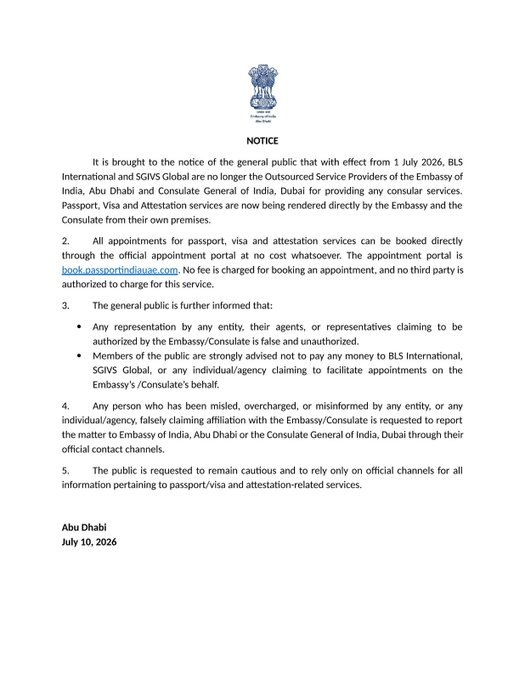 Public Notice: Discontinuation of BLS International and SGIVS; Consular Services Now Provided Directly by the Embassy of India, Abu Dhabi and the Consulate General of India, Dubai