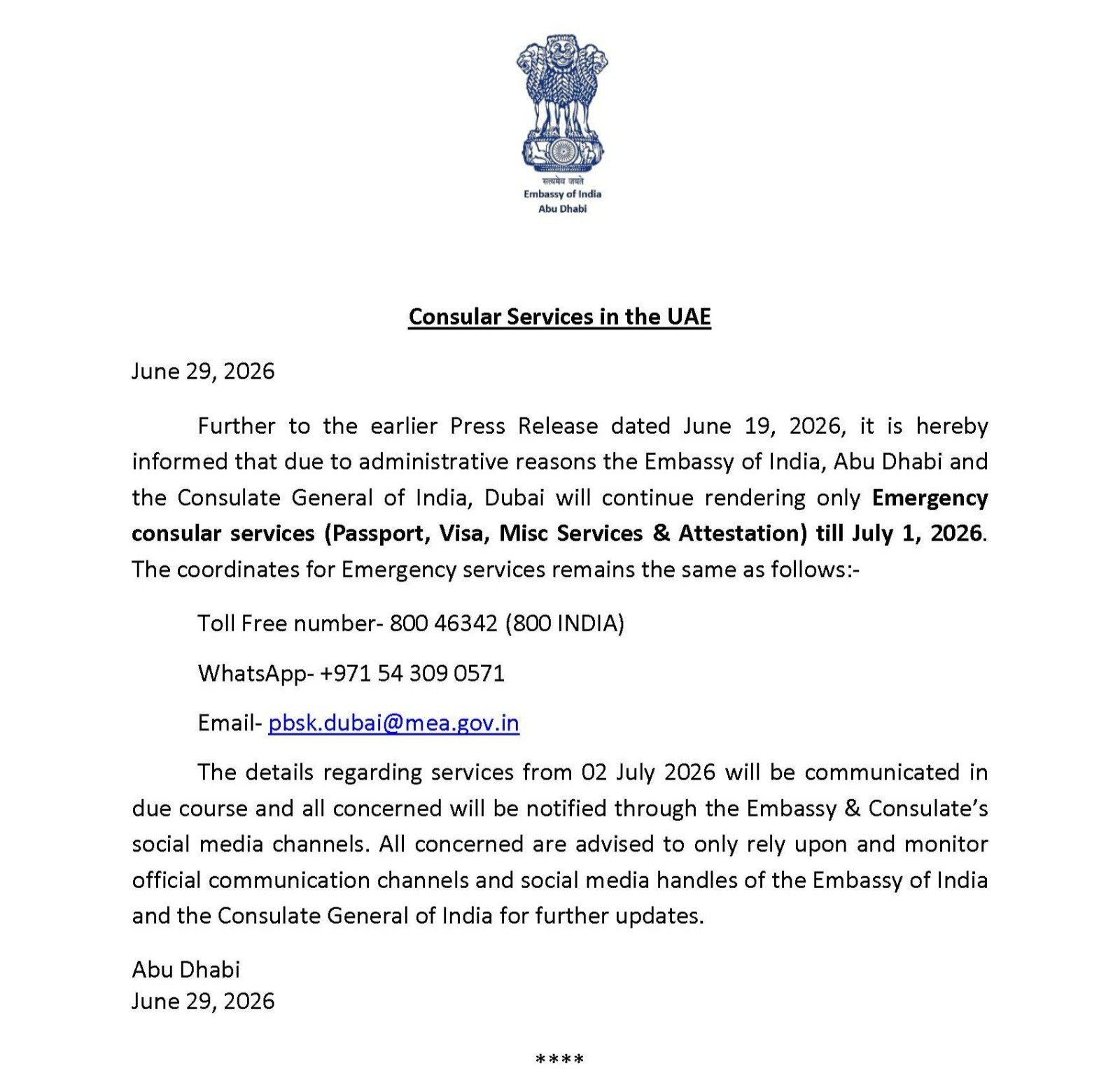 Press Release on Consular Services in the UAE